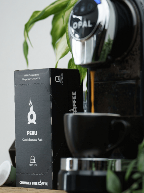 chimney fire coffee nespresso pod packet with opal coffee machine